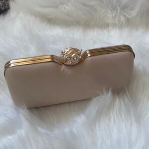 Jessica McClintock Cream Satin Clutch with Gold Owl Accent